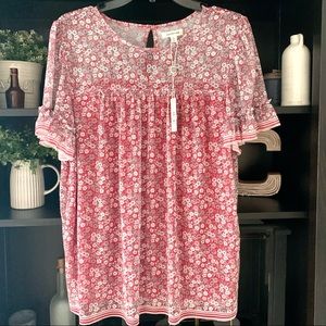 Max Studio Red Floral Boho Peasant Short Sleeve Large NEW